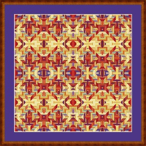 Pu&ograve; includere: Un motivo geometrico incorniciato con un designo ripetitivo di quadrati e rettangoli rossi, arancioni, gialli e blu. Lo sfondo &egrave; di colore giallo chiaro.