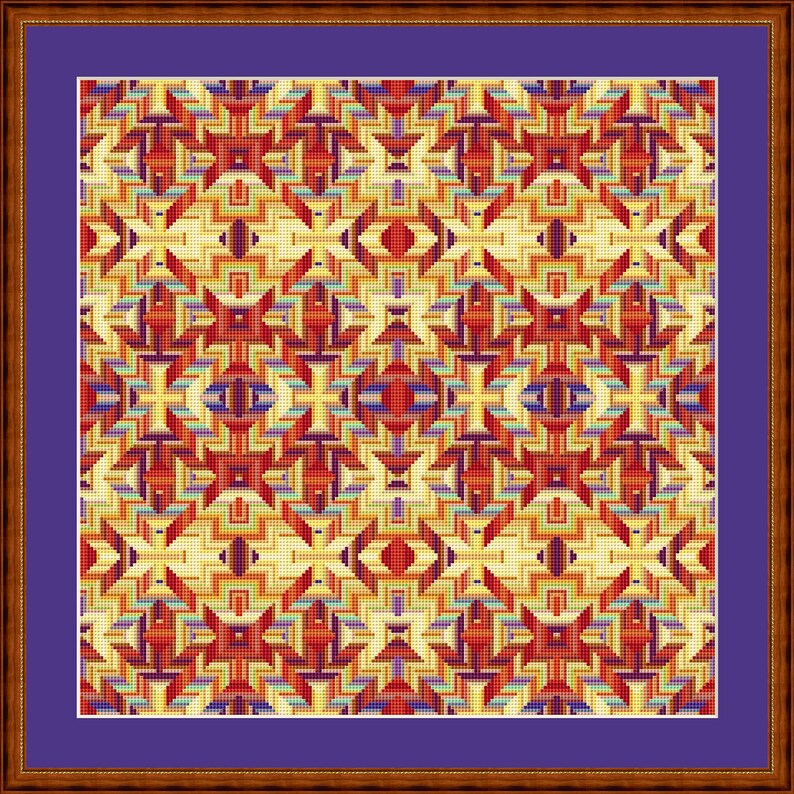 Pu&ograve; includere: Un motivo geometrico incorniciato con un designo ripetitivo di quadrati e rettangoli rossi, arancioni, gialli e blu. Lo sfondo &egrave; di colore giallo chiaro.