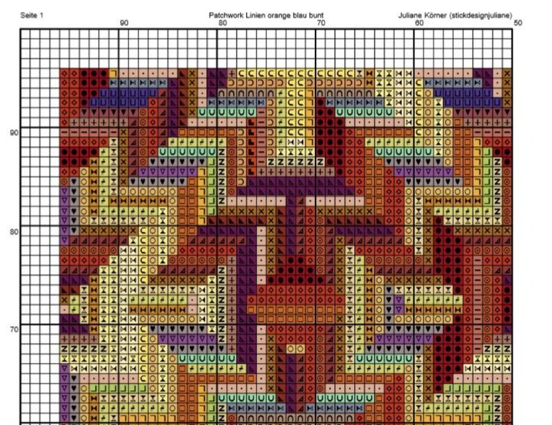 Pu&ograve; includere: Uno schema di punto croce con un design geometrico che presenta quadrati di colore arancione, giallo, rosso, viola, blu e verde. Lo schema &egrave; etichettato come "Patchwork Linien orange blau bunt" e "Juliane K&ouml;rner (stickdesignjuliane)".