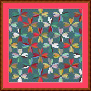 May include: A square cross-stitch embroidery pattern featuring a repeating floral motif in shades of red, yellow, white, and green against a dark blue background. The artwork is enclosed within a bright pink border and a dark brown wooden frame.