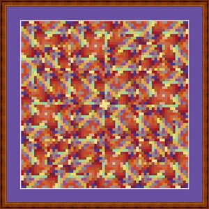 May include: A digital art print featuring a colorful abstract pattern with shades of red, orange, yellow, green, blue, and purple. The pattern is made up of small squares arranged in a geometric design.