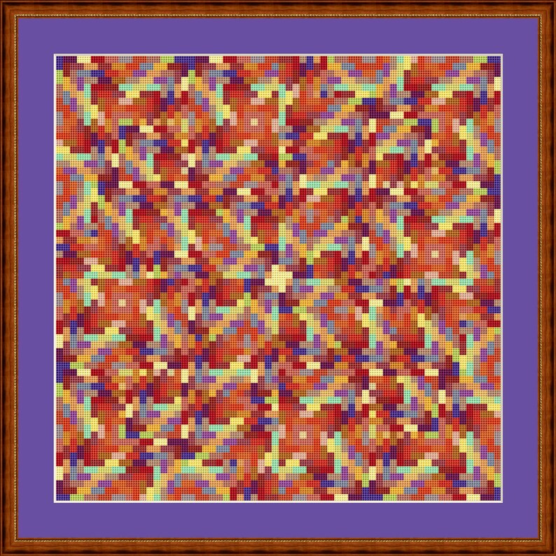 May include: A digital art print featuring a colorful abstract pattern with shades of red, orange, yellow, green, blue, and purple. The pattern is made up of small squares arranged in a geometric design.