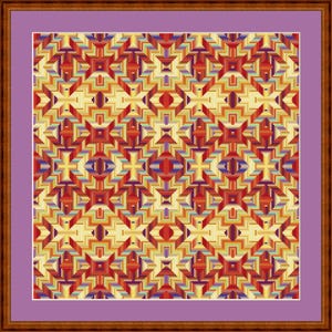 Pu&ograve; includere: Un motivo geometrico incorniciato con un designo ripetitivo di quadrati e rettangoli rossi, arancioni, gialli, blu e viola. Il motivo &egrave; incorniciato in una cornice di legno marrone con un passepartout viola.