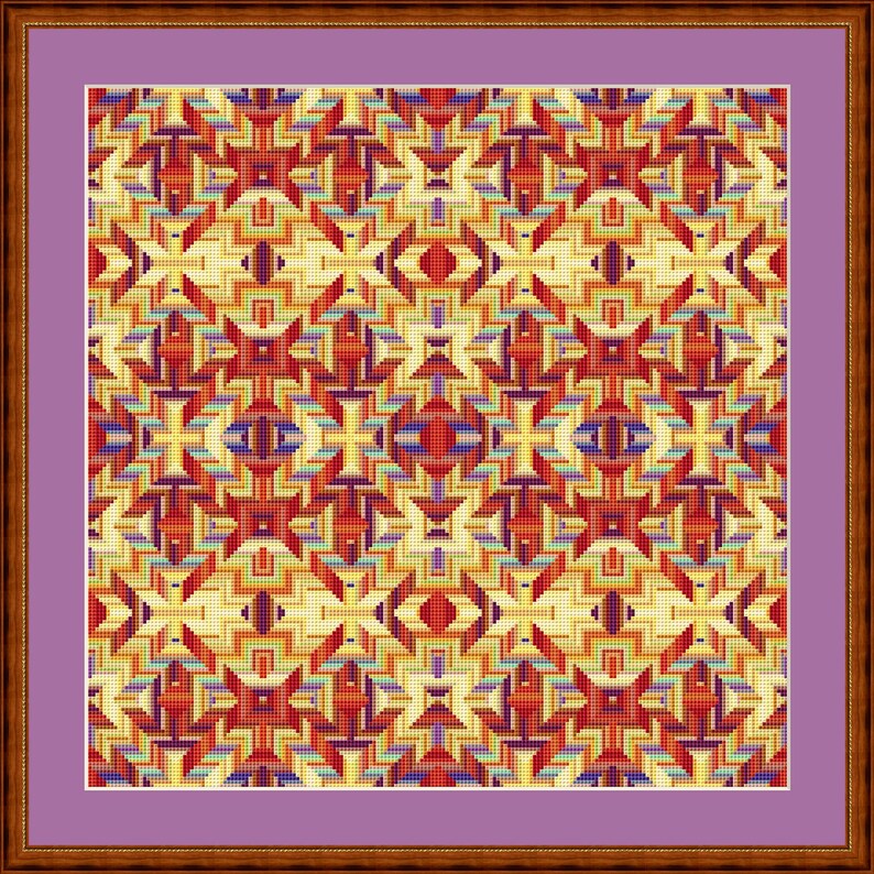 Pu&ograve; includere: Un motivo geometrico incorniciato con un designo ripetitivo di quadrati e rettangoli rossi, arancioni, gialli, blu e viola. Il motivo &egrave; incorniciato in una cornice di legno marrone con un passepartout viola.