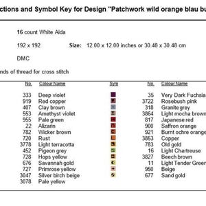 May include: A cross stitch pattern chart with a symbol key for a design called "Patchwork wild orange blau bunt". The chart includes DMC thread colors and numbers, along with the corresponding symbols. The design is for a 16 count white Aida fabric and measures 12.00 x 12.00 inches or 30.48 x 30.48 cm.