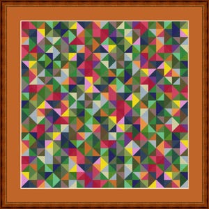 May include: A framed artwork with a geometric pattern made up of small triangles in various colours, including green, red, yellow, and blue. The artwork is enclosed in a brown wooden frame.
