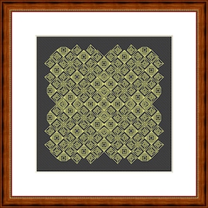 May include: A framed cross-stitch piece with a repeating geometric pattern in yellow on a dark grey background. The pattern features diamond shapes with internal designs. The frame is dark brown wood.
