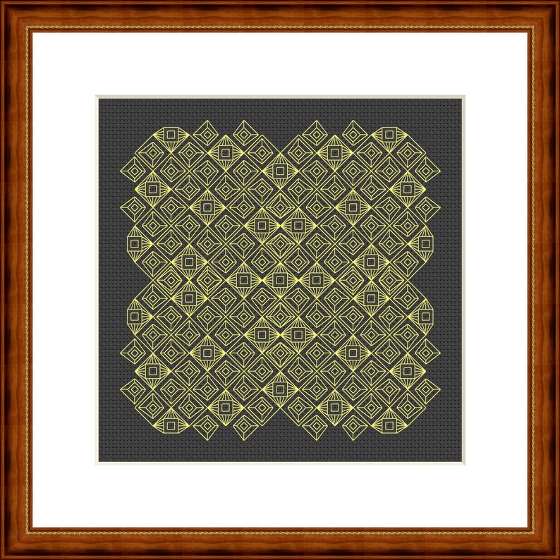 May include: A framed cross-stitch piece with a repeating geometric pattern in yellow on a dark grey background. The pattern features diamond shapes with internal designs. The frame is dark brown wood.