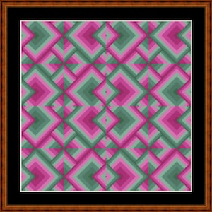 May include: A framed artwork featuring a geometric pattern. The design consists of layered diamond shapes in shades of green and pink, creating a three-dimensional effect. The artwork is encased in a dark brown wooden frame.