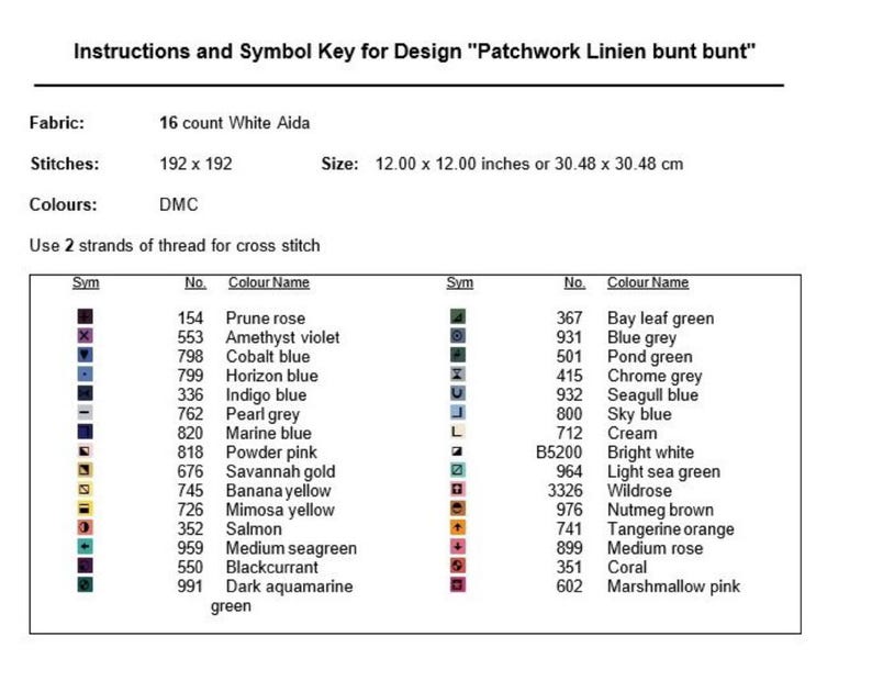 Op de afbeelding: Een kruissteekpatroonschema met een symboolsleutel en een kleurenlijst voor een ontwerp genaamd "Patchwork Linien bunt bunt". De tabel bevat 16 kleuren met DMC-garennummers en -namen, zoals "Pruimenroos", "Amethystviolet" en "Kobaltblauw". Het ontwerp is 192 steken bij 192 steken en meet 30,48 cm bij 30,48 cm.