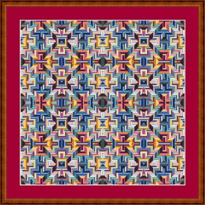 Op de afbeelding: Een ingelijst geometrisch patroon met een kleurrijk ontwerp in tinten blauw, geel, oranje, roze en groen. Het patroon is opgebouwd uit vierkanten en rechthoeken en wordt in de hele afbeelding herhaald.