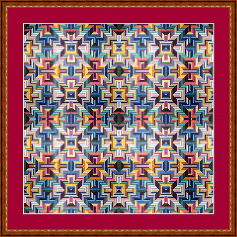 Op de afbeelding: Een ingelijst geometrisch patroon met een kleurrijk ontwerp in tinten blauw, geel, oranje, roze en groen. Het patroon is opgebouwd uit vierkanten en rechthoeken en wordt in de hele afbeelding herhaald.