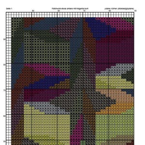 K&ouml;nnte beinhalten: Ein Kreuzstichmuster mit geometrischem Design. Die Farbpalette umfasst Gr&uuml;nt&ouml;ne, Gelb, Braun, Rosa und Blau. Der Text "Seite 1" befindet sich in der oberen linken Ecke, und "Patchwork etwas anders mit Magenta bunt" steht oben.