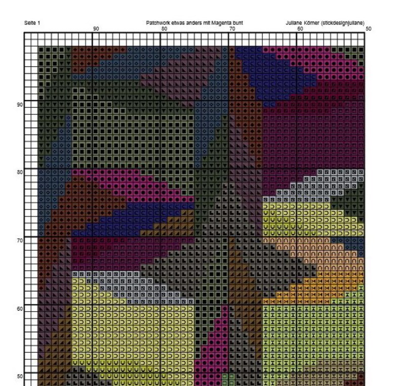 K&ouml;nnte beinhalten: Ein Kreuzstichmuster mit geometrischem Design. Die Farbpalette umfasst Gr&uuml;nt&ouml;ne, Gelb, Braun, Rosa und Blau. Der Text "Seite 1" befindet sich in der oberen linken Ecke, und "Patchwork etwas anders mit Magenta bunt" steht oben.