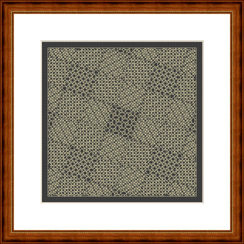 K&ouml;nnte beinhalten: Ein quadratisches gerahmtes Kunstwerk mit dunkel anthrazitfarbenem Hintergrund und einem dichten, komplizierten geometrischen Muster aus d&uuml;nnen, hell cremefarbenen Linien, die ein komplexes Gitter aus verbundenen Quadraten und Rechtecken bilden.