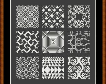 Modèle de point de croix varié, format 30 x 30 cm, motifs géométriques noirs et blancs, fichier PDF de broderie au point de croix à télécharger instantanément.