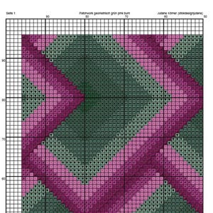May include: A cross-stitch pattern with a geometric design. The pattern features diagonal stripes in shades of green and pink, creating a visually appealing and symmetrical design. The text "Patchwork geometrisch gr&uuml;n pink bunt" is visible at the top.
