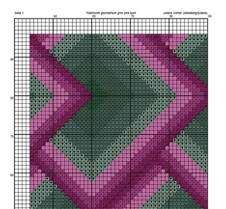 May include: A cross-stitch pattern with a geometric design. The pattern features diagonal stripes in shades of green and pink, creating a visually appealing and symmetrical design. The text "Patchwork geometrisch gr&uuml;n pink bunt" is visible at the top.