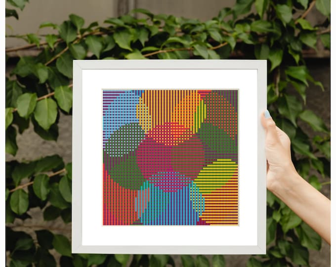 Featured listing image: Cross stitch pattern line circles shifted into each other colorful, image size approx. 15 x 15 cm, cross stitch embroidery template PDF file instant download