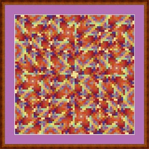 May include: A framed abstract art print with a pixelated design in shades of red, orange, yellow, blue, and green.