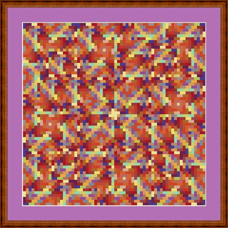 May include: A framed abstract art print with a pixelated design in shades of red, orange, yellow, blue, and green.