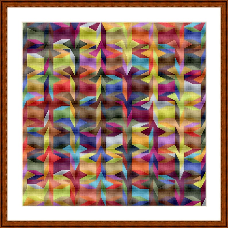 K&ouml;nnte beinhalten: Ein gerahmtes abstraktes Kunstwerk mit einem farbenfrohen geometrischen Muster. Das Kunstwerk zeigt ein sich wiederholendes Design aus stilisierten Formen in Rot-, Blau-, Gr&uuml;n-, Gelb- und Lilat&ouml;nen. Der Rahmen ist dunkelbraun.