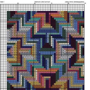 Op de afbeelding: Een kleurrijk geometrisch patroon kruissteekontwerp met een rasterachtergrond. Het ontwerp bevat een verscheidenheid aan kleuren, waaronder blauw, groen, geel, oranje, rood en zwart.