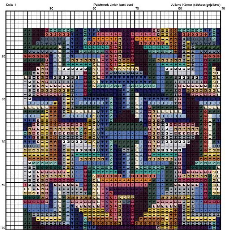 Op de afbeelding: Een kleurrijk geometrisch patroon kruissteekontwerp met een rasterachtergrond. Het ontwerp bevat een verscheidenheid aan kleuren, waaronder blauw, groen, geel, oranje, rood en zwart.
