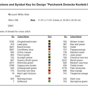 May include: A detailed chart with instructions and a symbol key for a cross-stitch design, "Patchwork Dreiecke Konfetti bunt." Includes fabric, stitch count, size (30.00 x 30.00 cm), and a color key with DMC thread colours.
