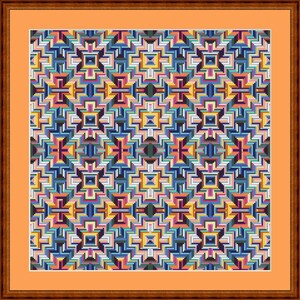 Op de afbeelding: Een kleurrijk geometrisch patroon met een herhalend ontwerp van vierkanten en rechthoeken in tinten blauw, geel, oranje, roze en groen. Het patroon is ingelijst in een bruin houten frame.