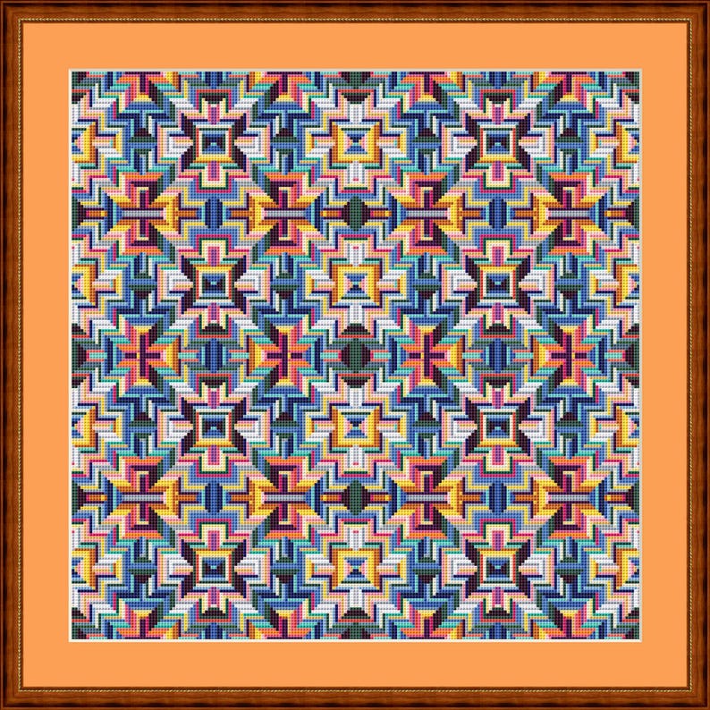 Op de afbeelding: Een kleurrijk geometrisch patroon met een herhalend ontwerp van vierkanten en rechthoeken in tinten blauw, geel, oranje, roze en groen. Het patroon is ingelijst in een bruin houten frame.