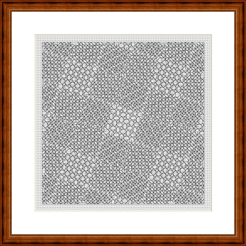 K&ouml;nnte beinhalten: Ein quadratisches gerahmtes Kunstwerk mit einem dichten, komplexen schwarz-wei&szlig;en geometrischen Muster aus miteinander verbundenen Linien und kleinen Punkten. Das Design ist in einem wei&szlig;en Passepartout zentriert und in einem polierten braunen Holzrahmen gefasst.