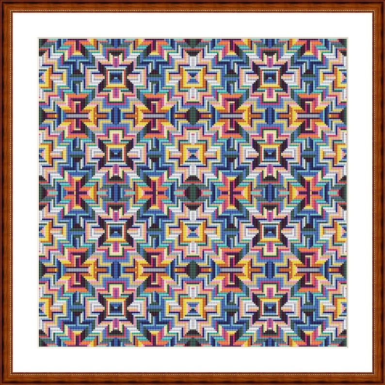 Op de afbeelding: Een kleurrijk geometrisch patroon met herhalende vierkanten en rechthoeken in tinten blauw, geel, rood, groen en wit. Het patroon is ingelijst in een bruin houten frame.