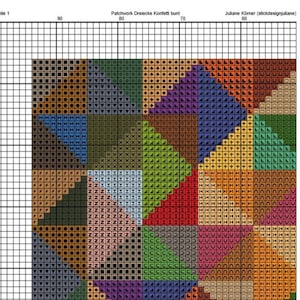 May include: A cross-stitch design with geometric shapes and the text "Patchwork Dreiecke Konfetti bunt" and "Juliane K&ouml;rner (stickdesignjuliane)". The pattern uses a variety of colours, including blue, green, and orange, arranged in squares and triangles.