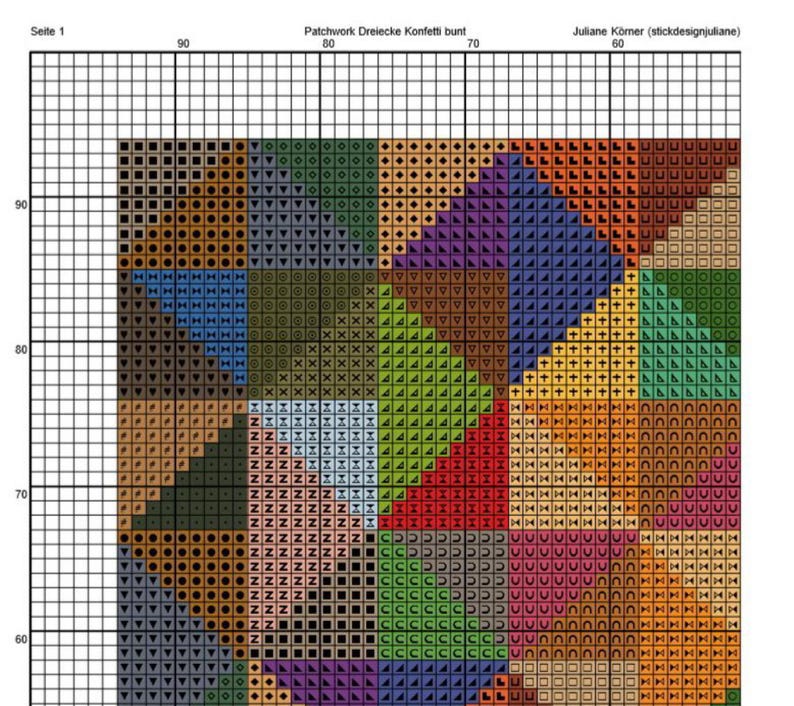 May include: A cross-stitch design with geometric shapes and the text "Patchwork Dreiecke Konfetti bunt" and "Juliane K&ouml;rner (stickdesignjuliane)". The pattern uses a variety of colours, including blue, green, and orange, arranged in squares and triangles.