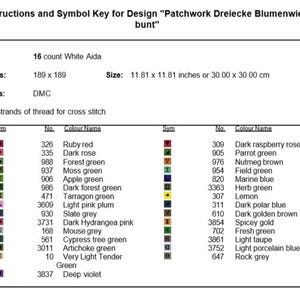 May include: A cross-stitch design chart with instructions and a symbol key. The chart provides fabric, stitch, and size details (30.00 x 30.00 cm). It lists DMC colours with symbols and numbers for the cross-stitch project, including a colour name.