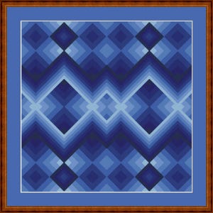 Peut inclure: Un motif g&eacute;om&eacute;trique abstrait encadr&eacute; dans un sch&eacute;ma de couleurs bleu et blanc. Le motif est compos&eacute; de carr&eacute;s et de diamants qui se chevauchent.