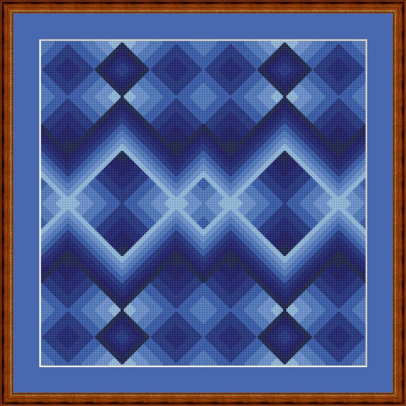 Peut inclure: Un motif g&eacute;om&eacute;trique abstrait encadr&eacute; dans un sch&eacute;ma de couleurs bleu et blanc. Le motif est compos&eacute; de carr&eacute;s et de diamants qui se chevauchent.