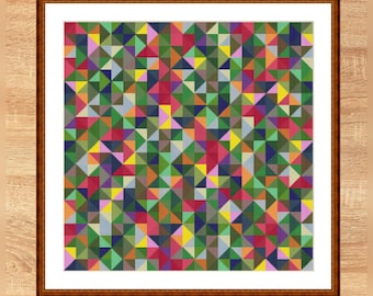 Schema punto croce patchwork triangoli prato fiorito, dimensioni immagine circa 30 x 30 cm, schema ricamo punto croce file PDF download immediato