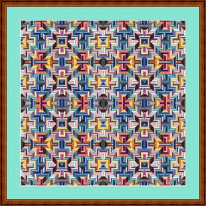 Op de afbeelding: Een kleurrijk geometrisch patroon met een herhalend ontwerp van vierkanten en rechthoeken in tinten blauw, geel, oranje, roze en groen. Het patroon is ingelijst in een bruin houten frame.