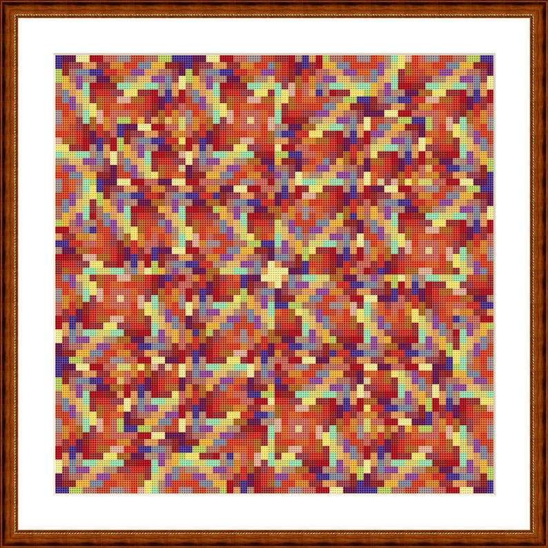 May include: A colorful abstract pattern with a pixelated design. The pattern is made up of shades of red, orange, yellow, green, blue, and purple. The pattern is symmetrical and has a starburst effect.