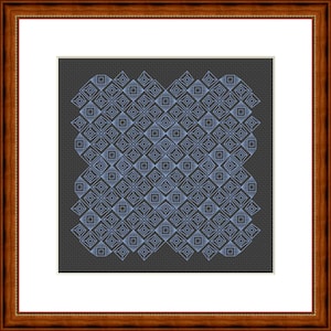 May include: A framed artwork with a geometric design. Light blue diamond shapes form a repeating pattern on a dark grey background. The artwork is presented in a brown wooden frame, suitable for home decor.