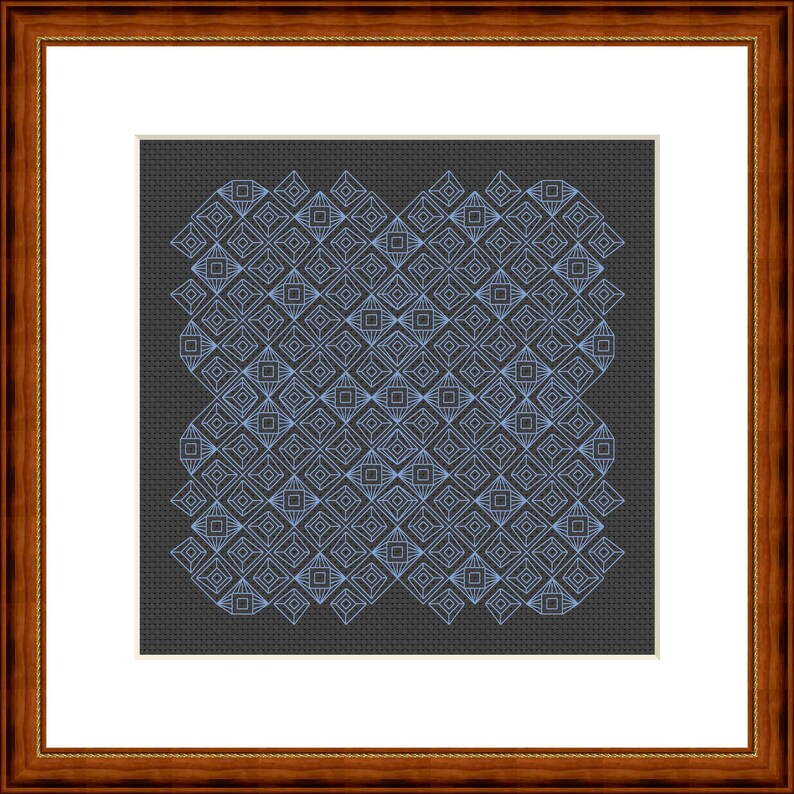 May include: A framed artwork with a geometric design. Light blue diamond shapes form a repeating pattern on a dark grey background. The artwork is presented in a brown wooden frame, suitable for home decor.