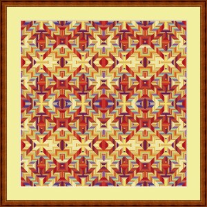 Pu&ograve; includere: Un motivo geometrico colorato con un designo ripetitivo di quadrati e rettangoli rossi, arancioni, gialli, blu e viola. Il motivo &egrave; simmetrico e crea una sensazione di movimento.