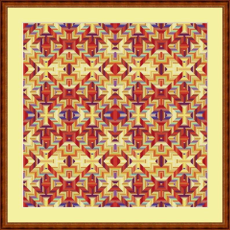 Pu&ograve; includere: Un motivo geometrico colorato con un designo ripetitivo di quadrati e rettangoli rossi, arancioni, gialli, blu e viola. Il motivo &egrave; simmetrico e crea una sensazione di movimento.