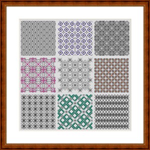 Amostra de bordado Blackwork com ponto cruz, tamanho da imagem aprox. 22 x 22 cm, arquivo PDF do padrão de bordado Blackwork para download imediato.