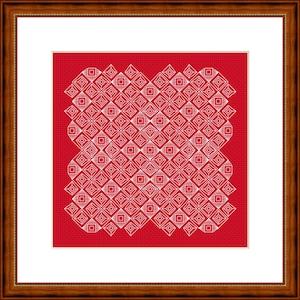 May include: A framed cross-stitch with a repeating white geometric pattern on a red background. The design features diamond and square shapes. The frame is dark brown. The artwork is in a wooden frame.