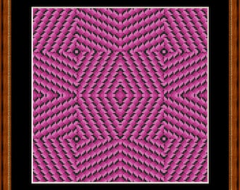 May include: A pink and black geometric pattern with a repeating diamond shape. The pattern is made up of small squares that create a sense of depth and movement.