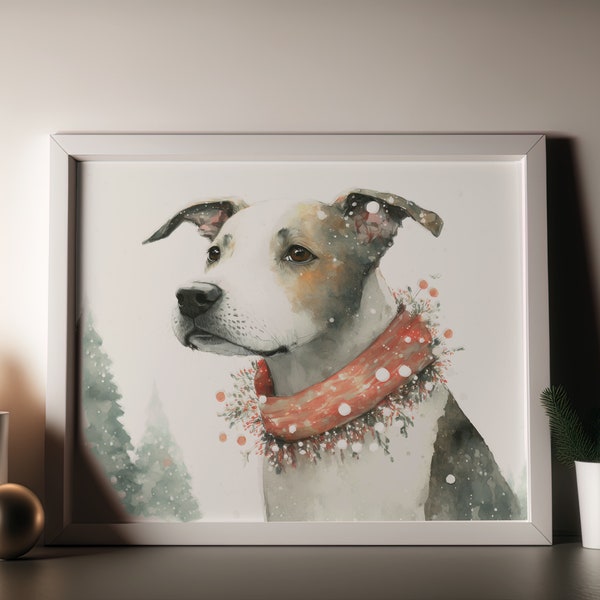 Printable Christmas Dog art - Watercolor painting instant digital download - 2X3, 3X4, 4X5, 11X14, ISO Downloadable Decor