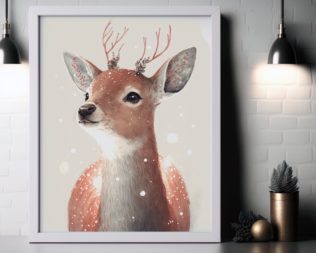 Printable Christmas Deer Art Watercolor Baby Deer Painting Etsy